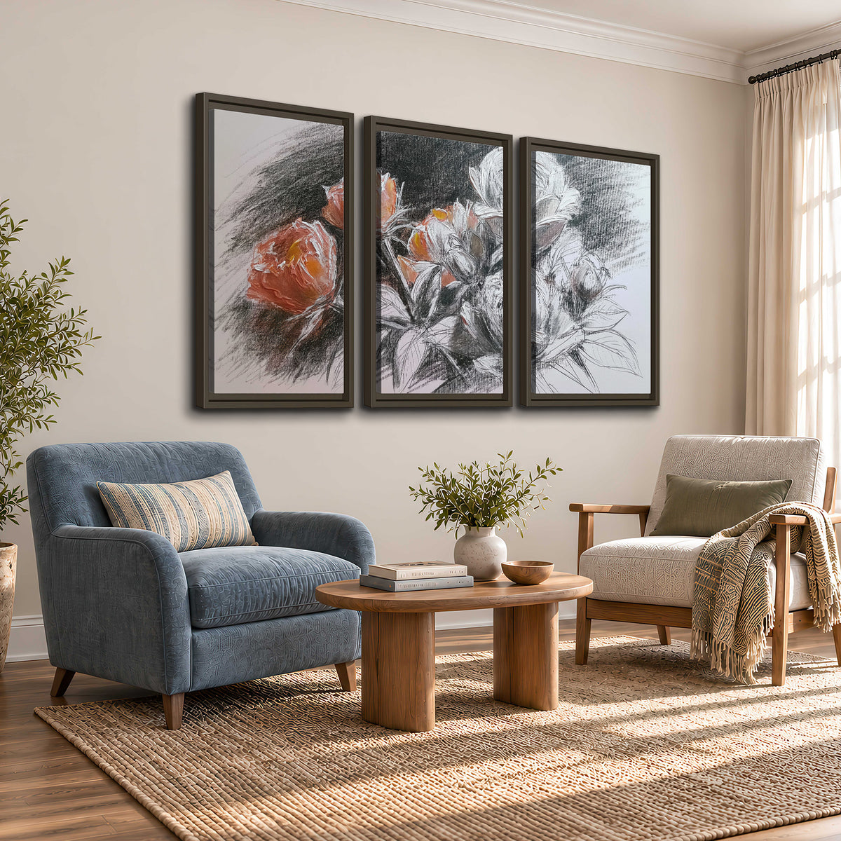 Expressive charcoal-style roses with muted rust petals against a textured-look gray background 3 piece framed canvas wall art styled in an interior