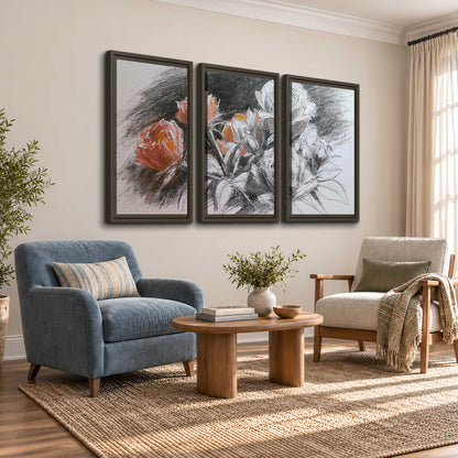 Expressive charcoal-style roses with muted rust petals against a textured-look gray background 3 piece framed canvas wall art styled in an interior