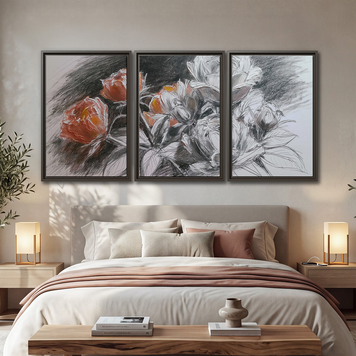 Expressive charcoal-style roses with muted rust petals against a textured-look gray background 3 piece framed canvas wall art displayed in a bedroom