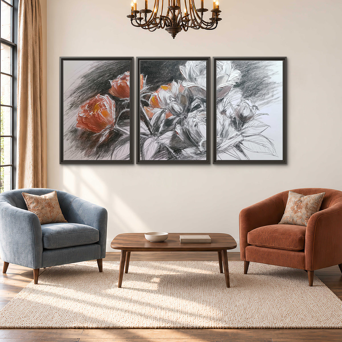 Expressive charcoal-style roses with muted rust petals against a textured-look gray background 3 piece framed canvas wall art styled in an interior