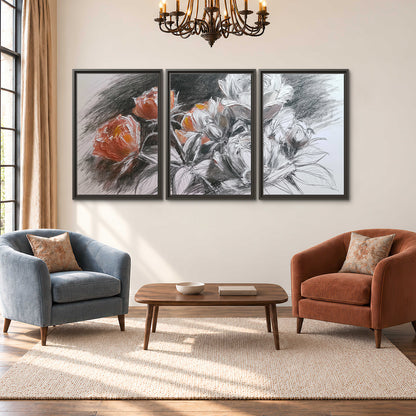 Expressive charcoal-style roses with muted rust petals against a textured-look gray background 3 piece framed canvas wall art styled in an interior