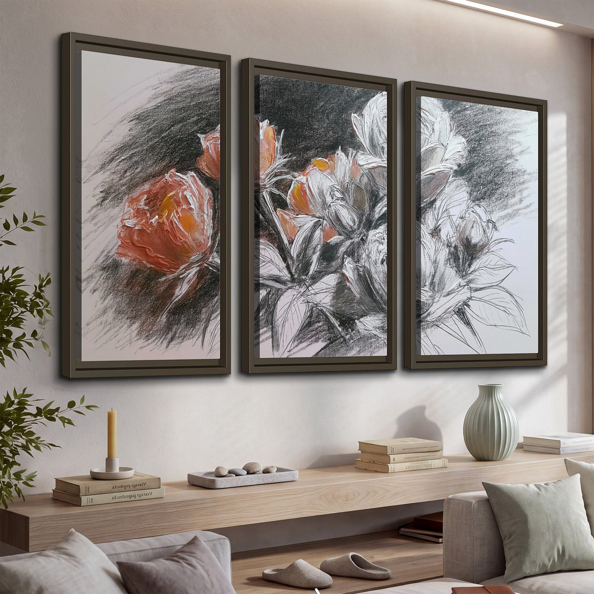 Expressive charcoal-style roses with muted rust petals against a textured-look gray background 3 piece framed canvas wall art displayed in a console