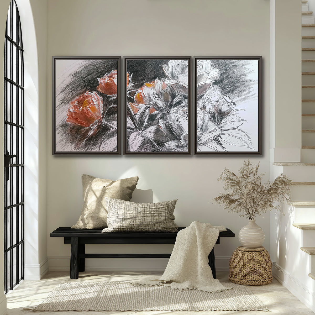 Expressive charcoal-style roses with muted rust petals against a textured-look gray background 3 piece framed canvas wall art displayed in a entryway