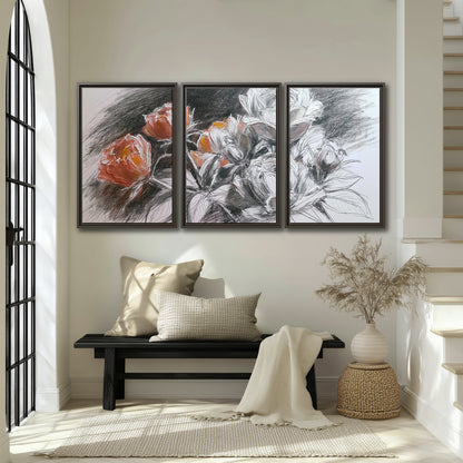 Expressive charcoal-style roses with muted rust petals against a textured-look gray background 3 piece framed canvas wall art displayed in a entryway