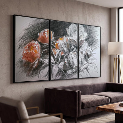 Expressive charcoal-style roses with muted rust petals against a textured-look gray background 3 piece framed canvas wall art displayed in a modern living room