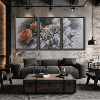 Expressive charcoal-style roses with muted rust petals against a textured-look gray background 3 piece framed canvas wall art displayed in a industrial room