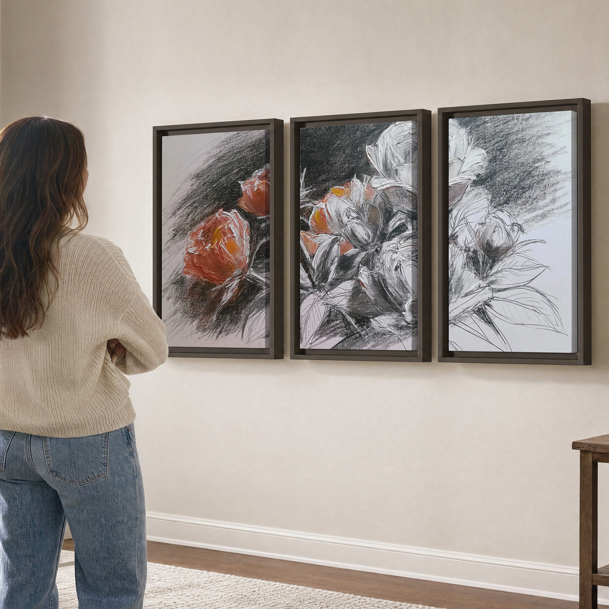 Expressive charcoal-style roses with muted rust petals against a textured-look gray background 3 piece framed canvas wall art three panel arrangement on a wall