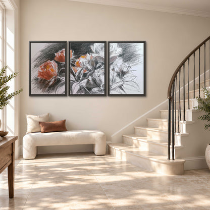 Expressive charcoal-style roses with muted rust petals against a textured-look gray background 3 piece framed canvas wall art styled in an interior