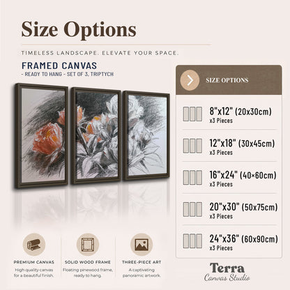 Expressive charcoal-style roses with muted rust petals against a textured-look gray background 3 piece framed canvas wall art available dimensions; triptych dimensions are per panel