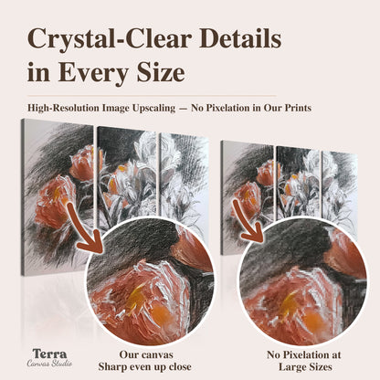 Expressive charcoal-style roses with muted rust petals against a textured-look gray background artwork quality information