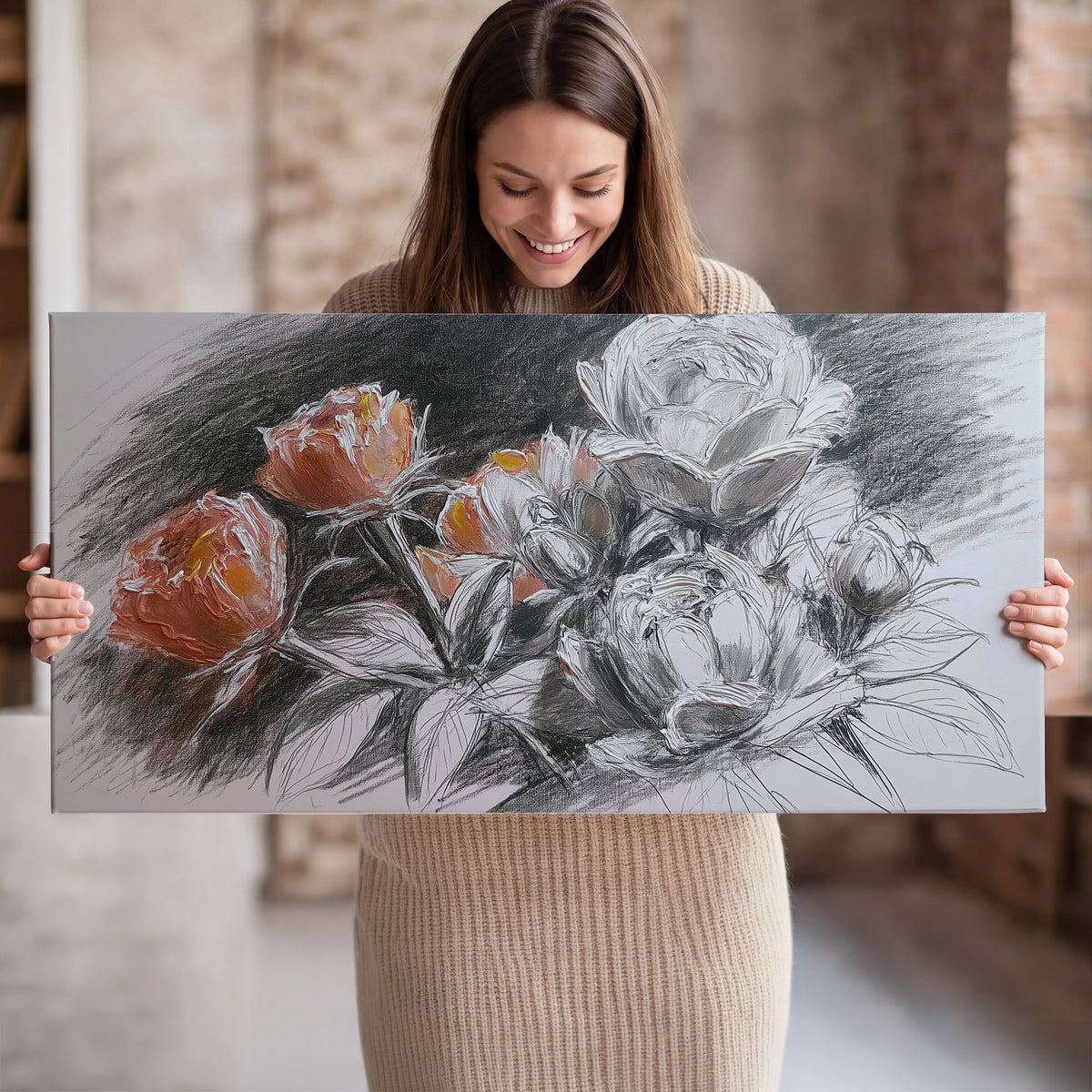 Expressive charcoal-style roses with muted rust petals against a textured-look gray background single canvas wall art held in hands