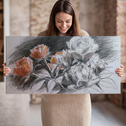 Expressive charcoal-style roses with muted rust petals against a textured-look gray background single canvas wall art held in hands