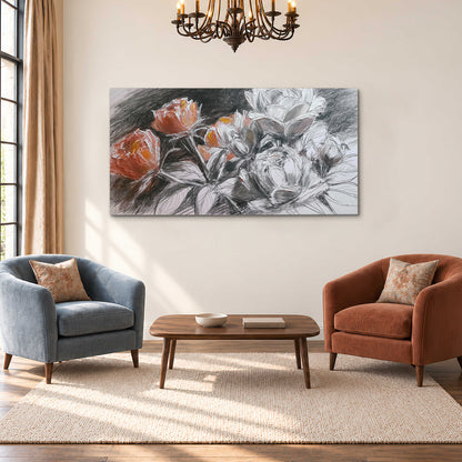 Expressive charcoal-style roses with muted rust petals against a textured-look gray background single canvas wall art styled in an interior