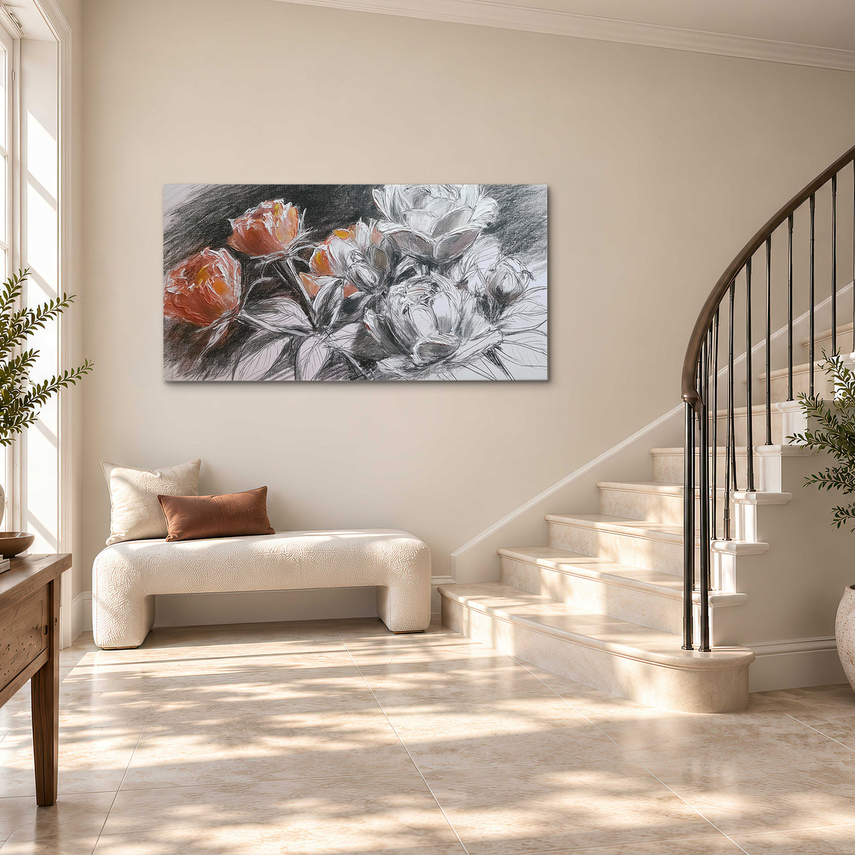Expressive charcoal-style roses with muted rust petals against a textured-look gray background single canvas wall art styled in an interior
