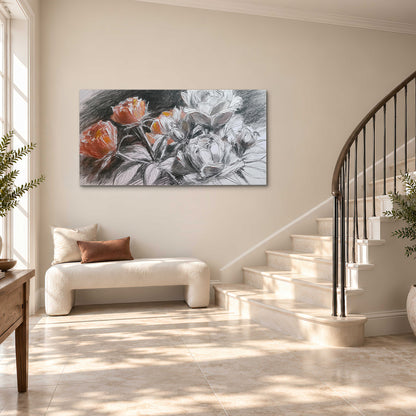 Expressive charcoal-style roses with muted rust petals against a textured-look gray background single canvas wall art styled in an interior