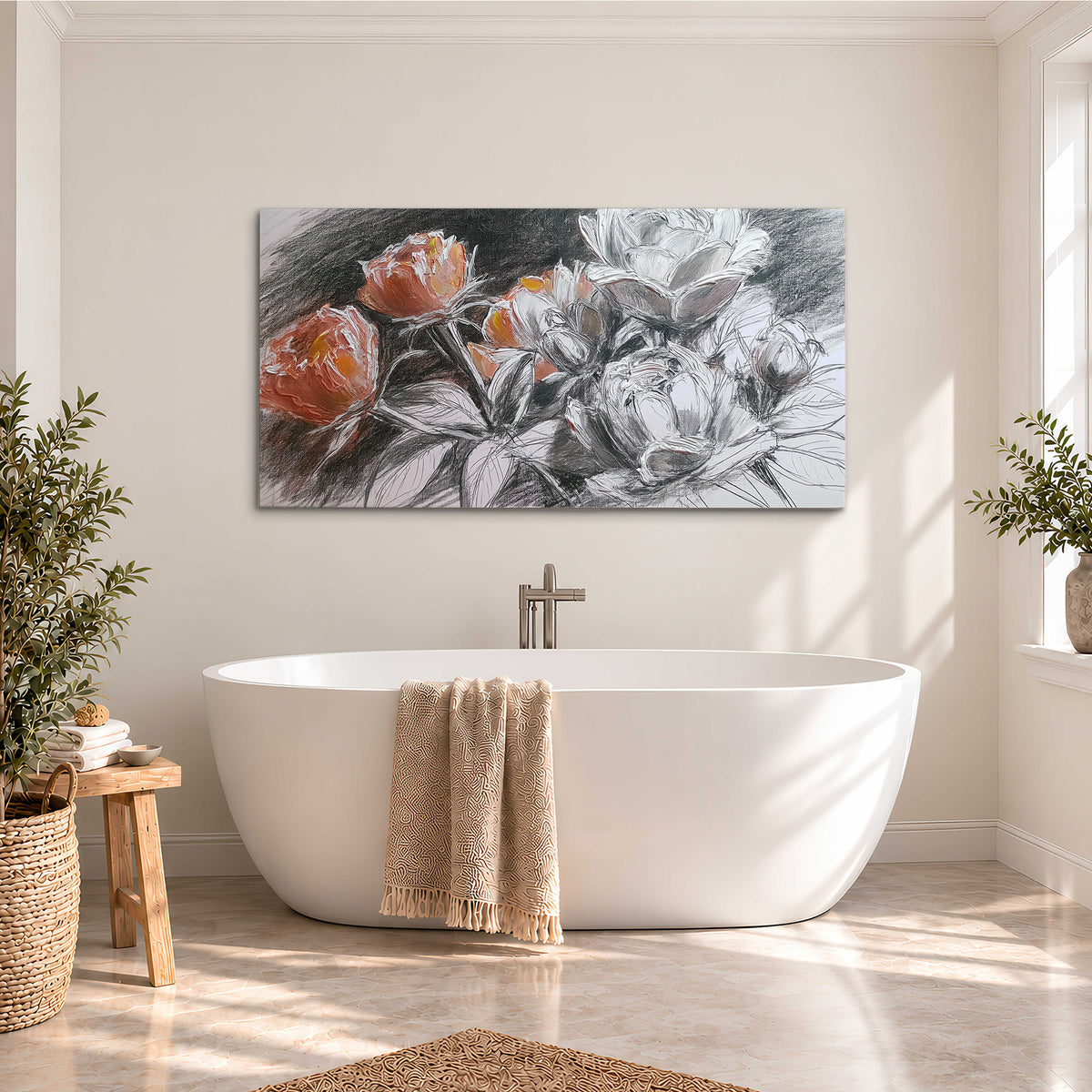Expressive charcoal-style roses with muted rust petals against a textured-look gray background single canvas wall art styled in an interior