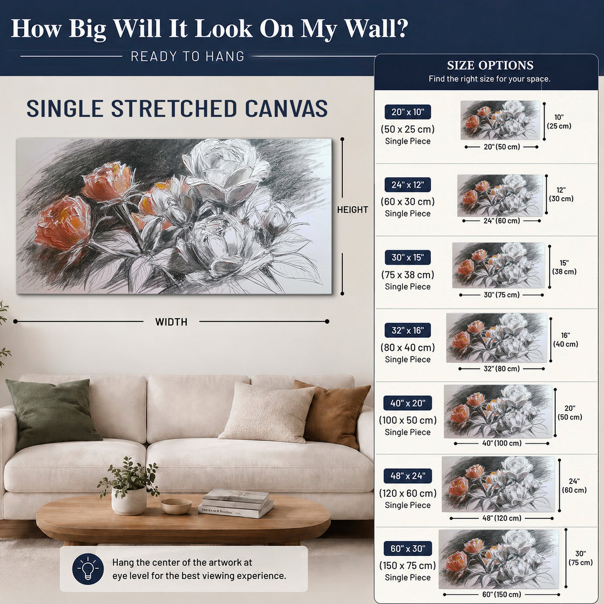 Expressive charcoal-style roses with muted rust petals against a textured-look gray background single canvas wall art size guide above a sofa; room view is illustrative