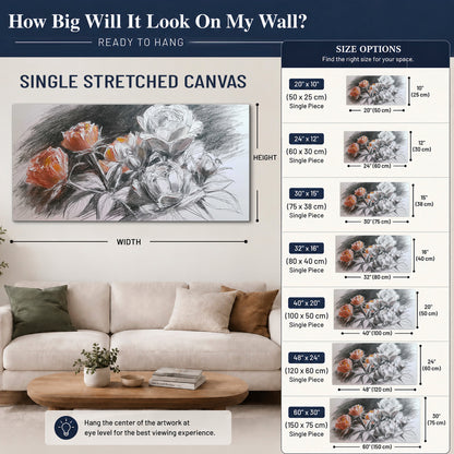 Expressive charcoal-style roses with muted rust petals against a textured-look gray background single canvas wall art size guide above a sofa; room view is illustrative