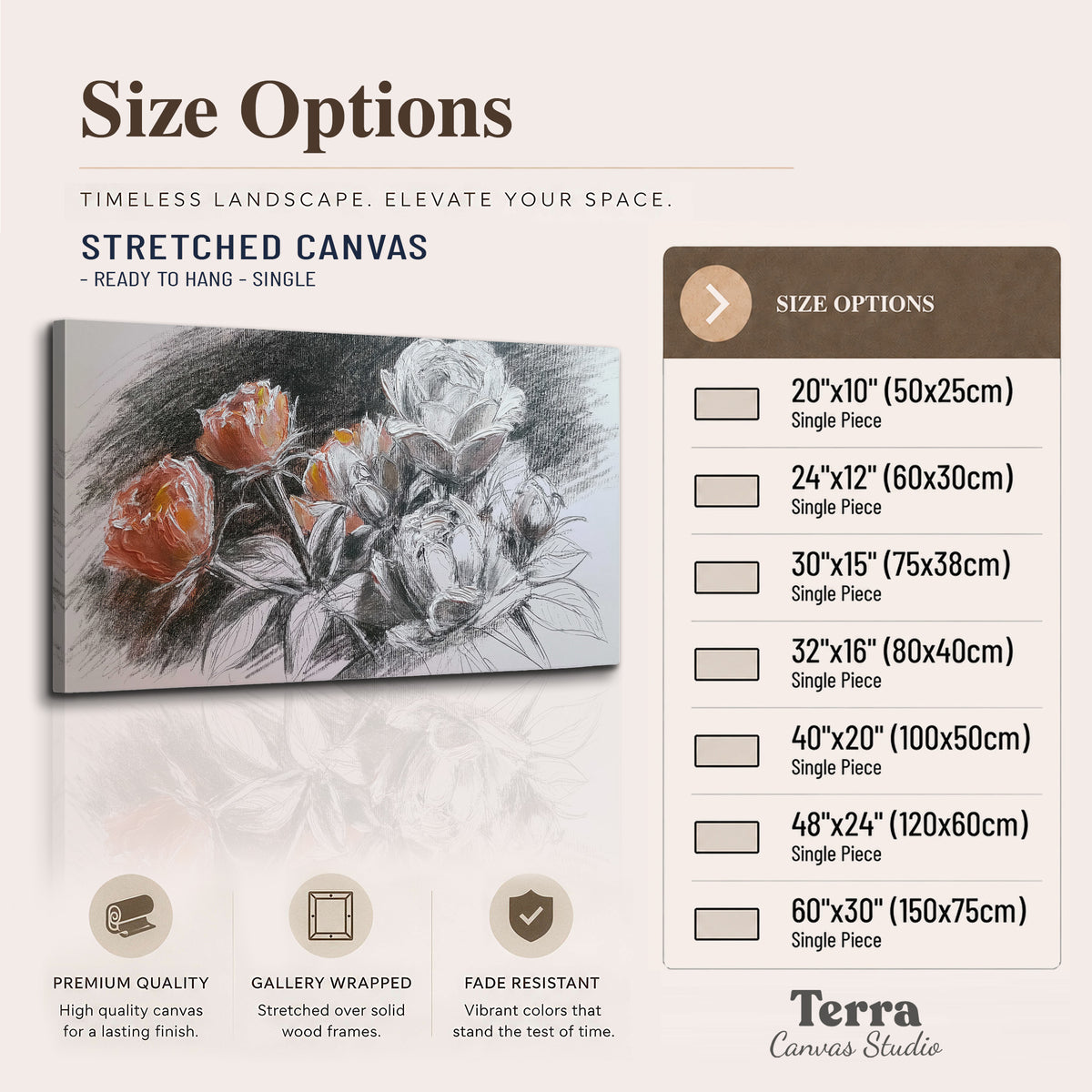 Expressive charcoal-style roses with muted rust petals against a textured-look gray background single canvas wall art available dimensions