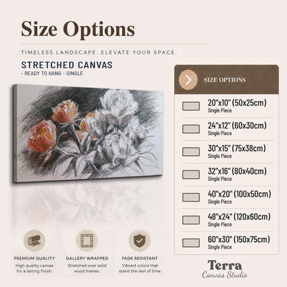 Expressive charcoal-style roses with muted rust petals against a textured-look gray background single canvas wall art available dimensions