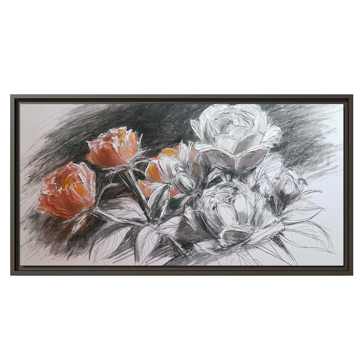 Expressive charcoal-style roses with muted rust petals against a textured-look gray background single framed canvas wall art viewed straight on