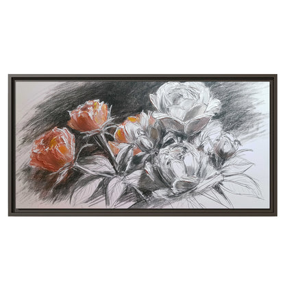 Expressive charcoal-style roses with muted rust petals against a textured-look gray background single framed canvas wall art viewed straight on