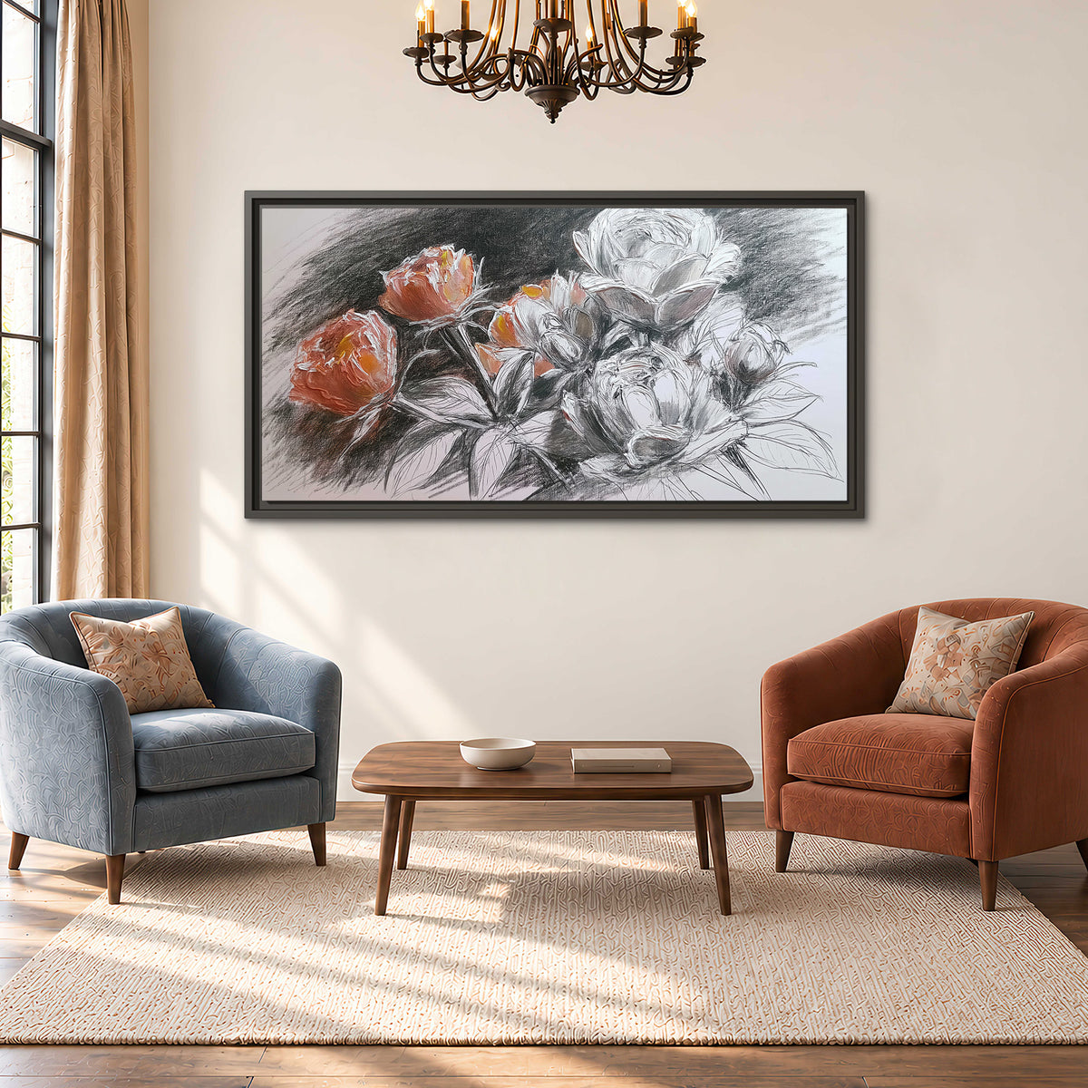Expressive charcoal-style roses with muted rust petals against a textured-look gray background single framed canvas wall art styled in an interior