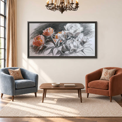 Expressive charcoal-style roses with muted rust petals against a textured-look gray background single framed canvas wall art styled in an interior