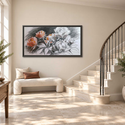 Expressive charcoal-style roses with muted rust petals against a textured-look gray background single framed canvas wall art styled in an interior