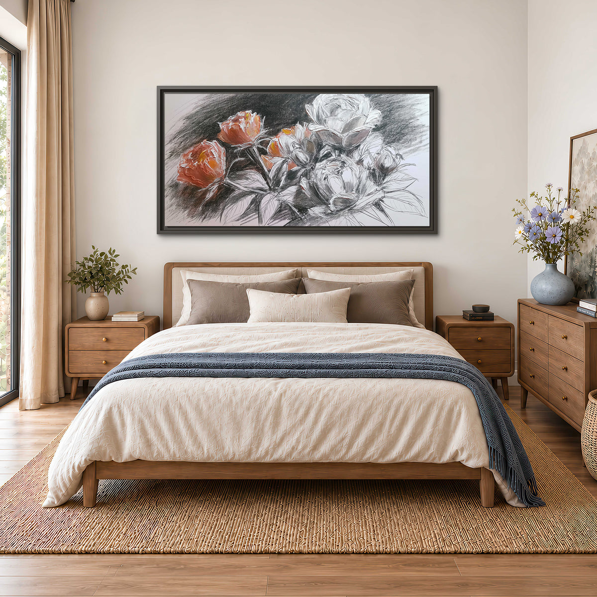 Expressive charcoal-style roses with muted rust petals against a textured-look gray background single framed canvas wall art styled in an interior