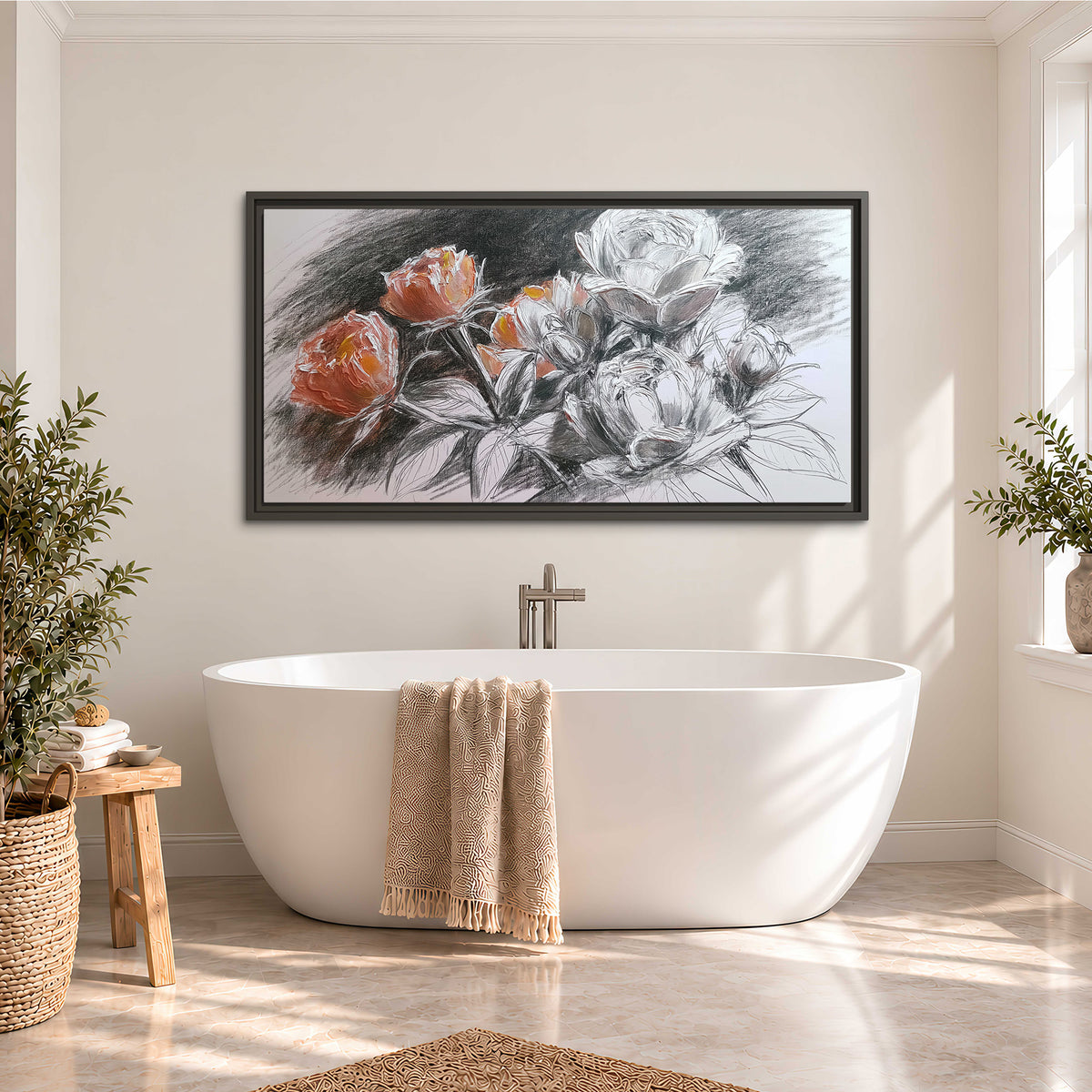 Expressive charcoal-style roses with muted rust petals against a textured-look gray background single framed canvas wall art styled in an interior