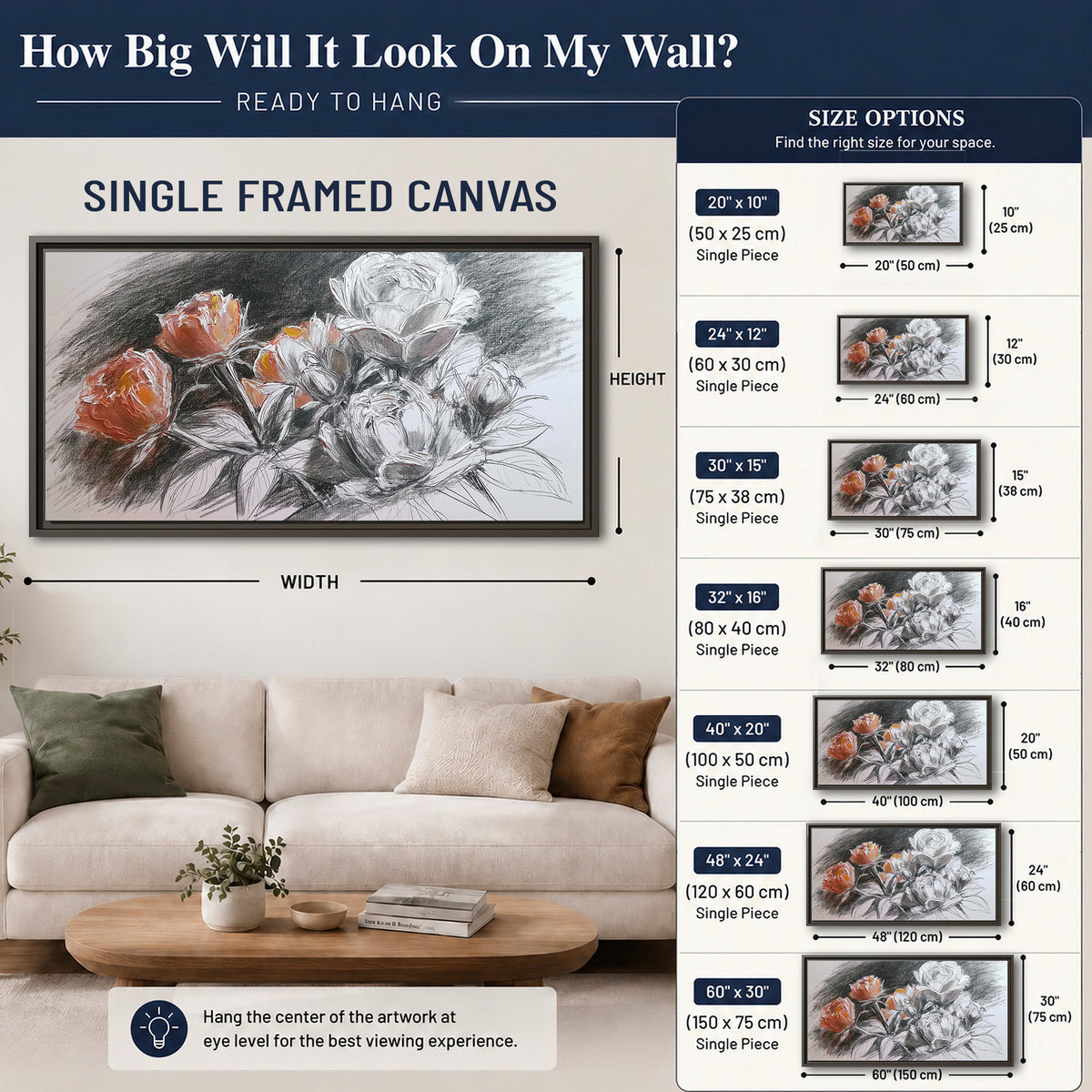 Expressive charcoal-style roses with muted rust petals against a textured-look gray background single framed canvas wall art size guide above a sofa; room view is illustrative