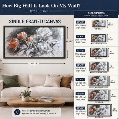 Expressive charcoal-style roses with muted rust petals against a textured-look gray background single framed canvas wall art size guide above a sofa; room view is illustrative