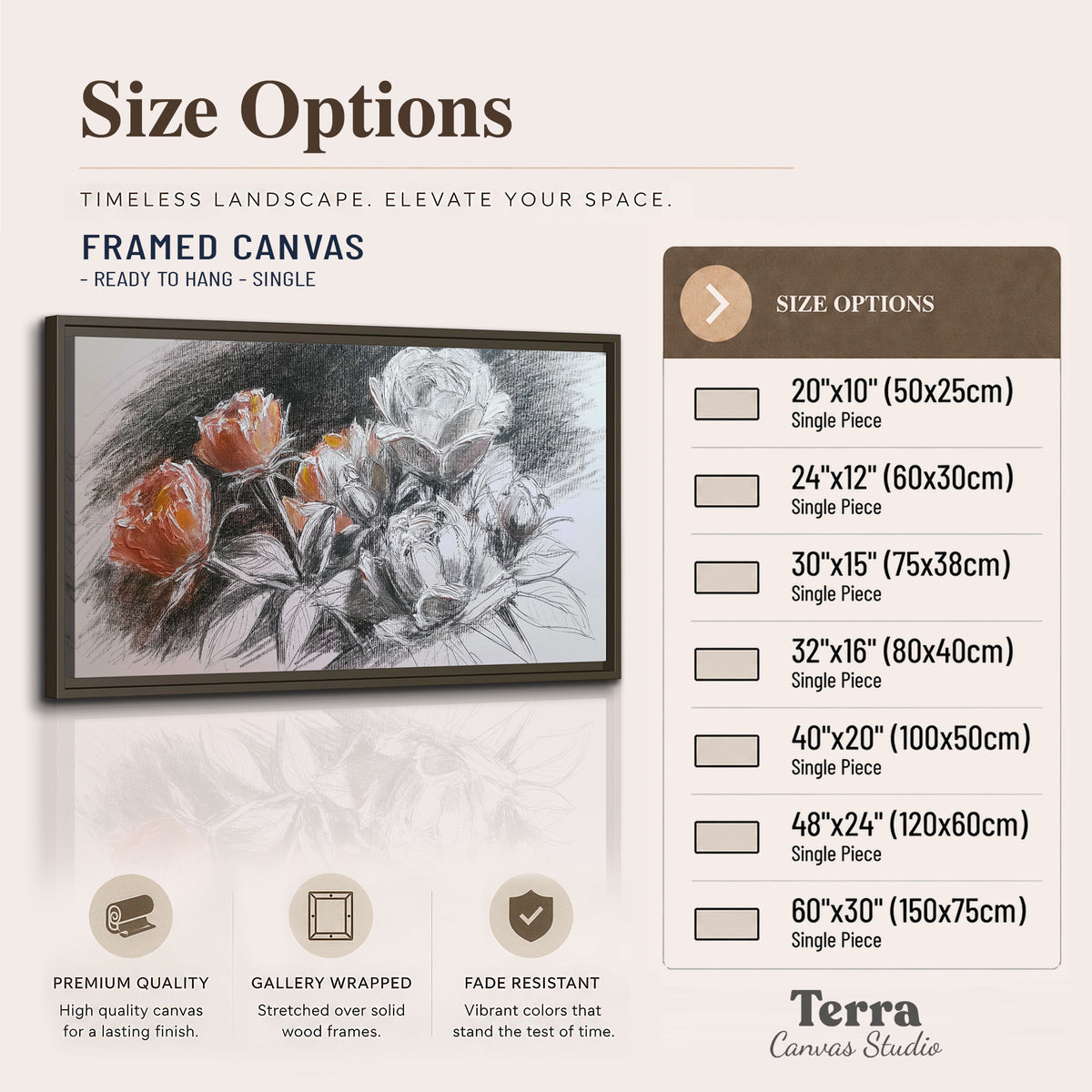 Expressive charcoal-style roses with muted rust petals against a textured-look gray background single framed canvas wall art available dimensions
