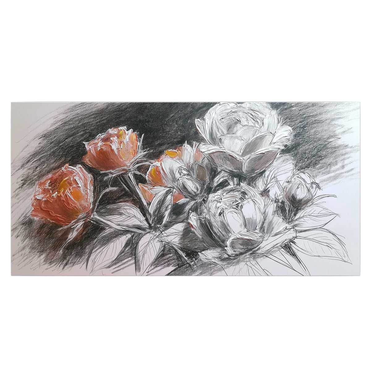 Expressive charcoal-style roses with muted rust petals against a textured-look gray background single poster print viewed straight on