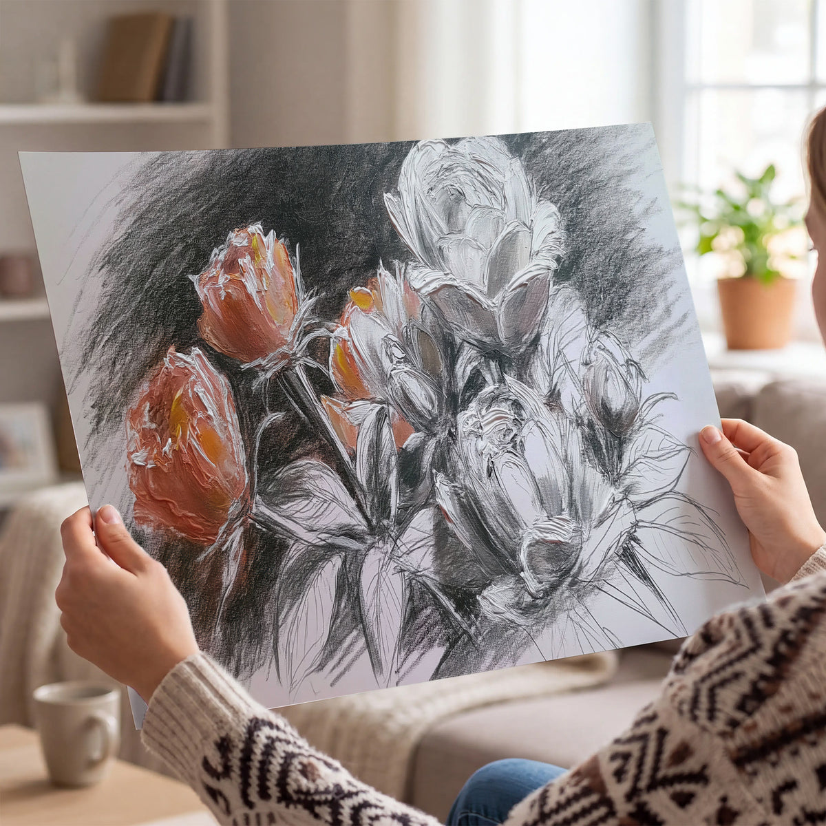 Expressive charcoal-style roses with muted rust petals against a textured-look gray background single poster print held in hands