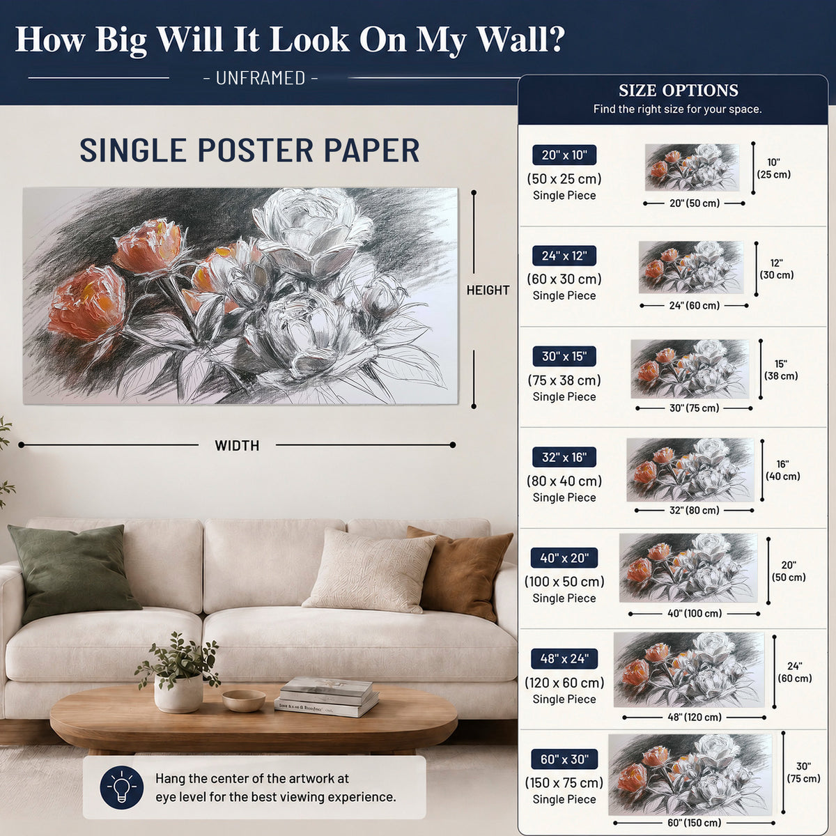 Expressive charcoal-style roses with muted rust petals against a textured-look gray background single poster print size guide above a sofa; room view is illustrative