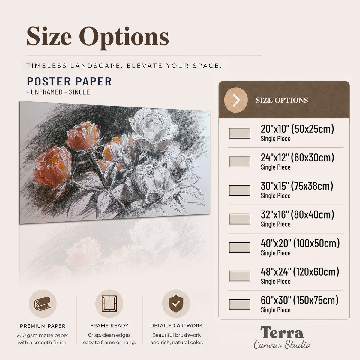 Expressive charcoal-style roses with muted rust petals against a textured-look gray background single poster print available dimensions