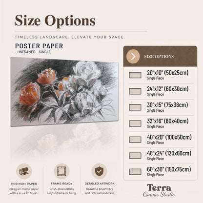 Expressive charcoal-style roses with muted rust petals against a textured-look gray background single poster print available dimensions