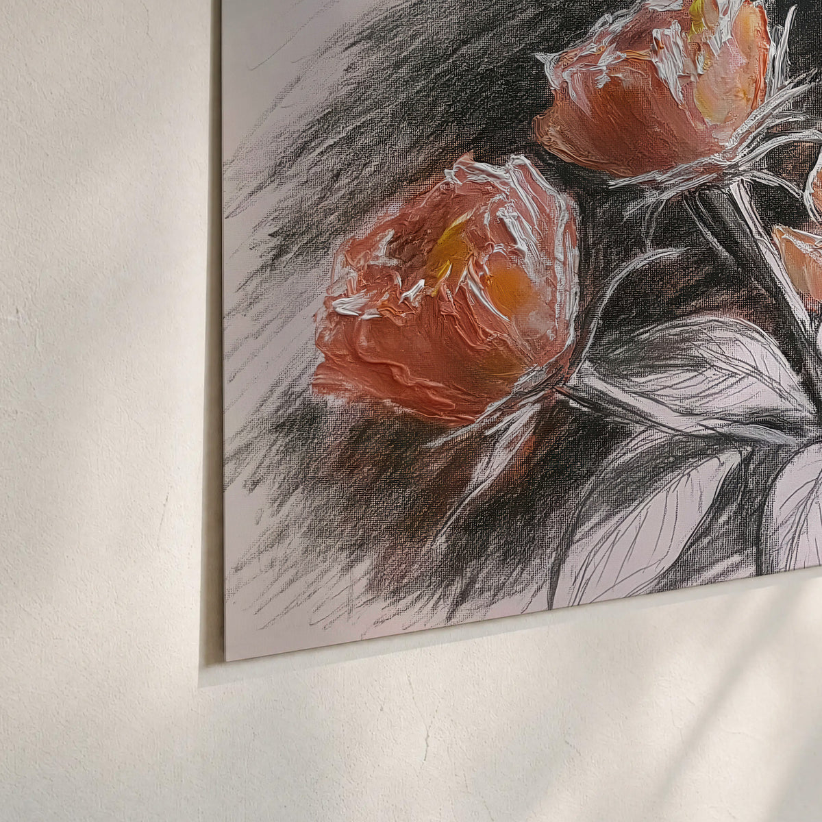 Expressive charcoal-style roses with muted rust petals against a textured-look gray background set of 3 poster prints material and edge close up
