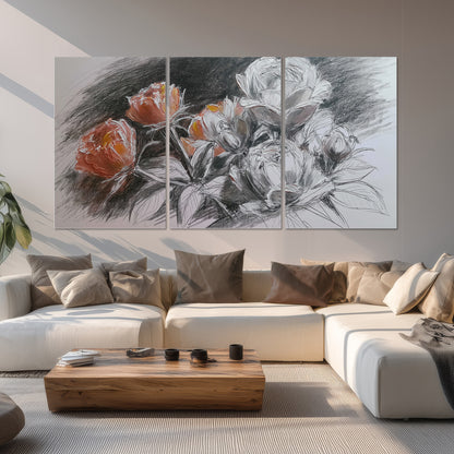 Expressive charcoal-style roses with muted rust petals against a textured-look gray background set of 3 poster prints displayed in a living room