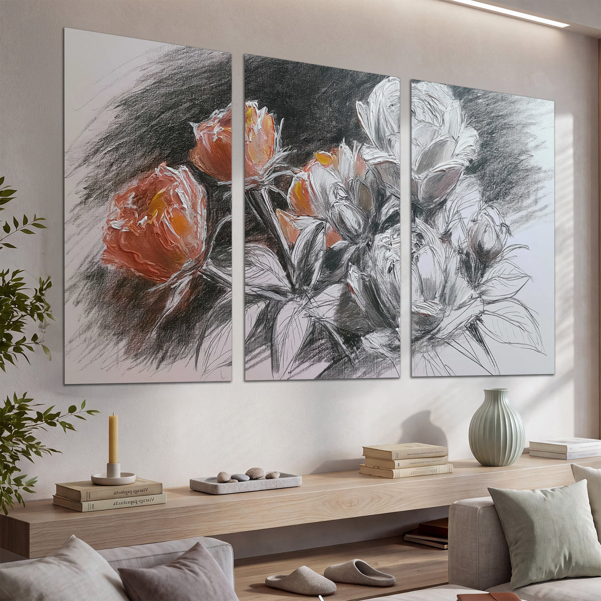 Expressive charcoal-style roses with muted rust petals against a textured-look gray background set of 3 poster prints displayed in a console