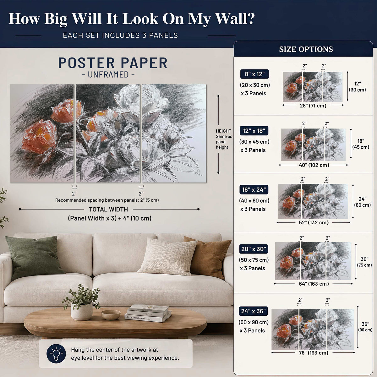 Expressive charcoal-style roses with muted rust petals against a textured-look gray background set of 3 poster prints size guide above a sofa; room view is illustrative