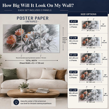 Expressive charcoal-style roses with muted rust petals against a textured-look gray background set of 3 poster prints size guide above a sofa; room view is illustrative