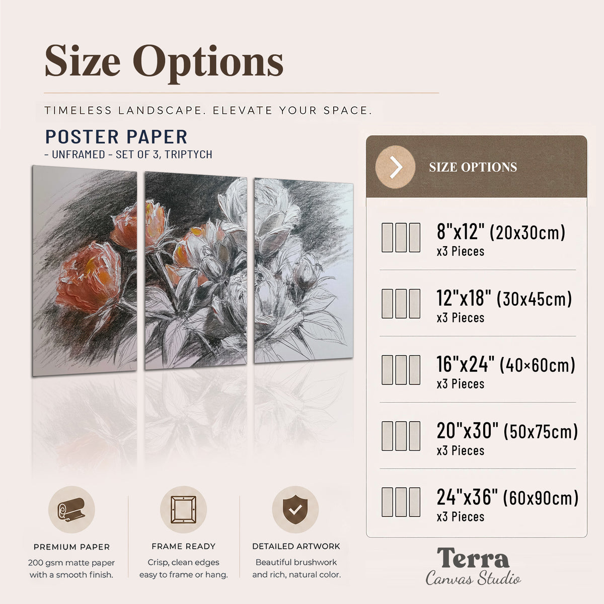 Expressive charcoal-style roses with muted rust petals against a textured-look gray background set of 3 poster prints available dimensions; triptych dimensions are per panel