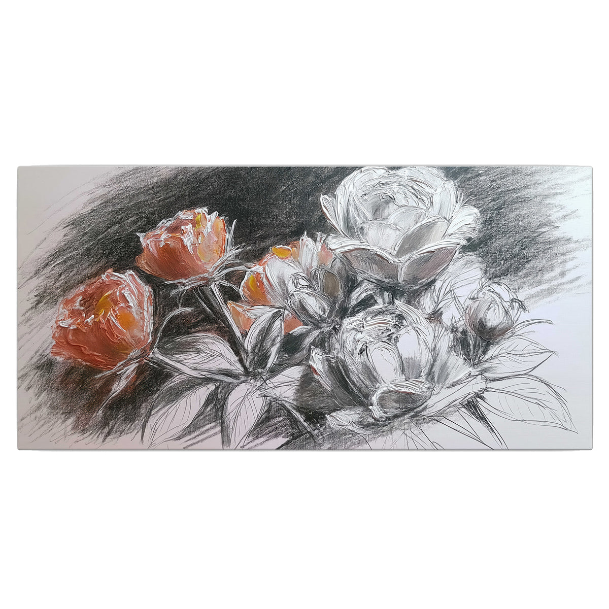 Expressive charcoal-style roses with muted rust petals against a textured-look gray background single canvas wall art viewed straight on