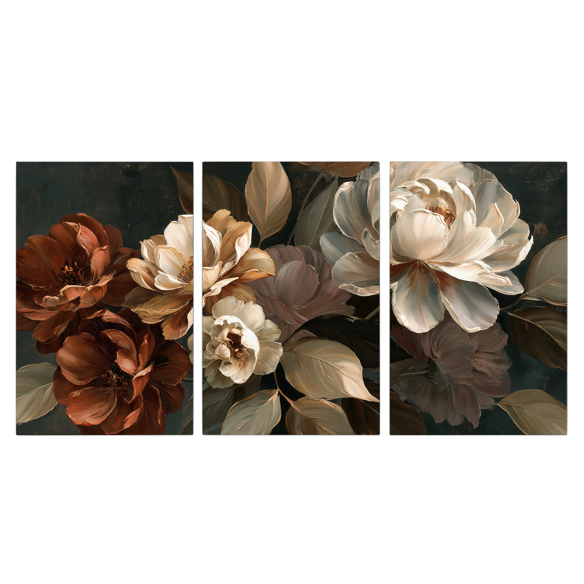 Large ivory roses and warm rust blooms against a deep shadowed background 3 piece canvas wall art viewed straight on