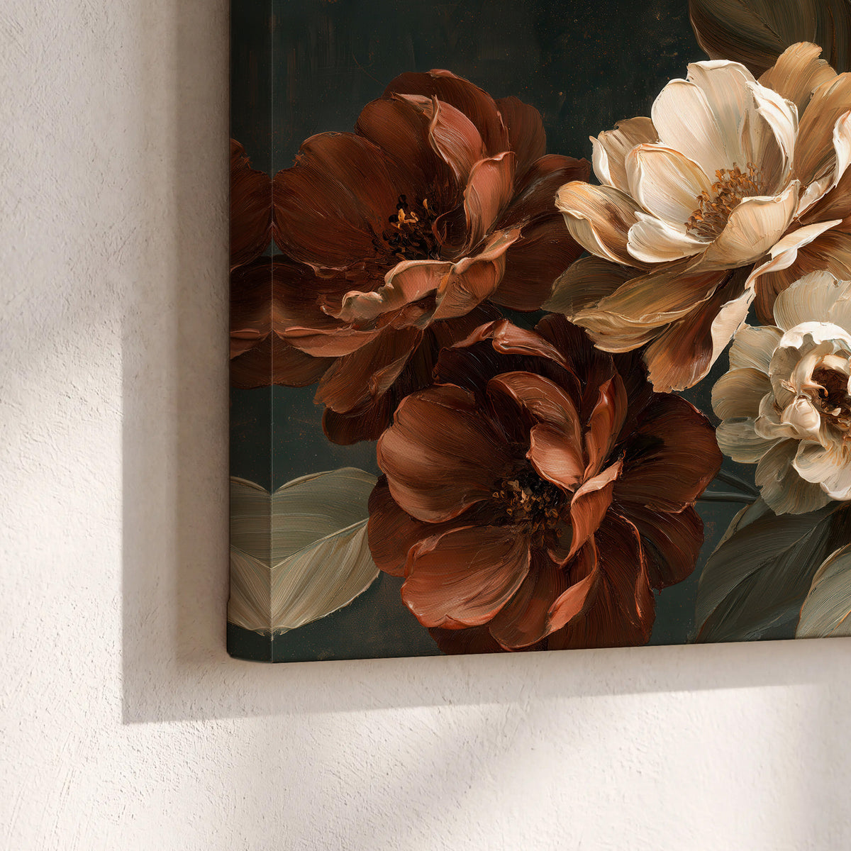 Large ivory roses and warm rust blooms against a deep shadowed background 3 piece canvas wall art material and edge close up