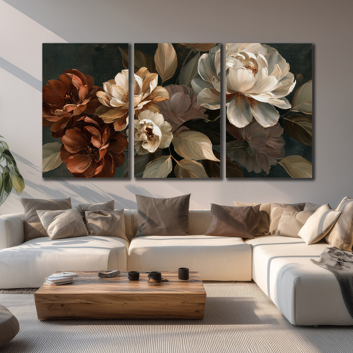 Large ivory roses and warm rust blooms against a deep shadowed background 3 piece canvas wall art displayed in a living room