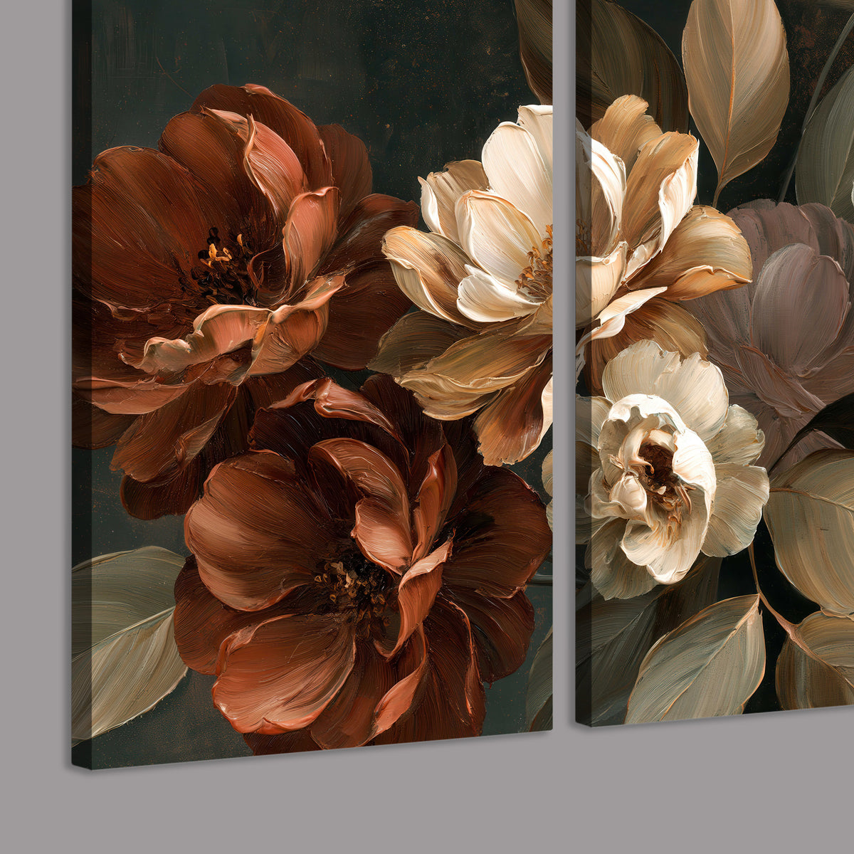 Large ivory roses and warm rust blooms against a deep shadowed background 3 piece canvas wall art room and product view